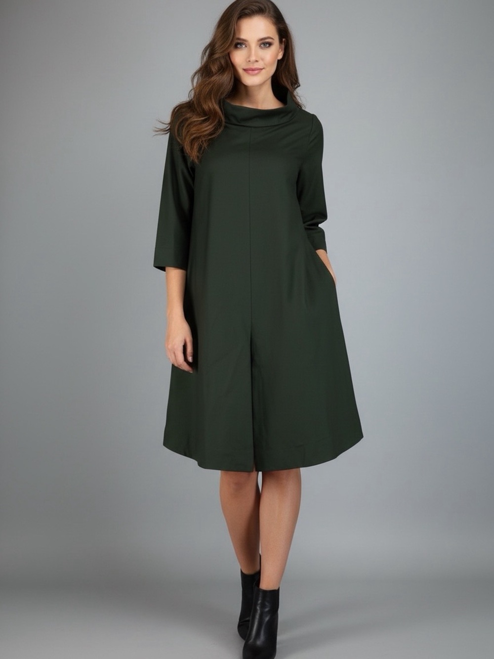 COS Minimalist Olive Green funnel neck A-Line Shift Dress Pockets Size 8 wool